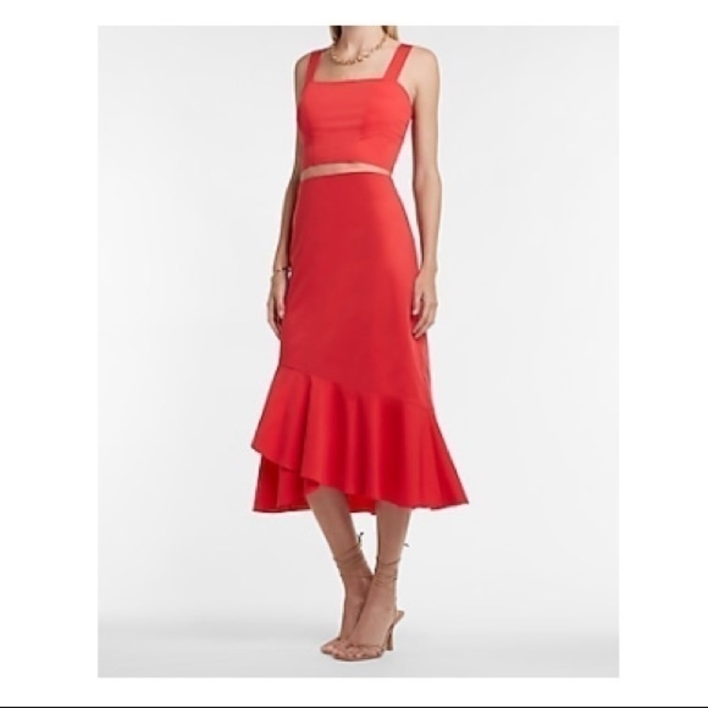 Express Red Two-Piece Crop Top and Ruffle Hem Midi Skirt Set